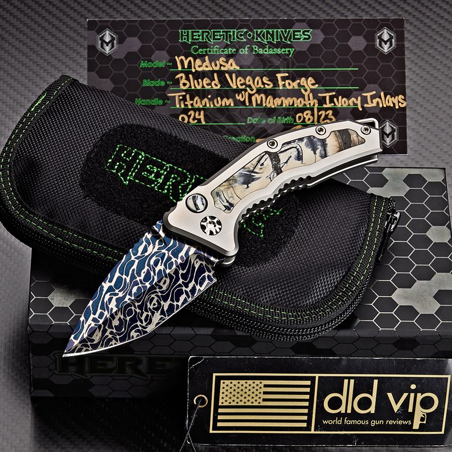 Heretic Medusa (SN 024) Blue Vegas Forge Damascus Titanium w/ Mammoth Ivory Inlays Mammoth Ivory Inlaid Button DLD VIP EXCLUSIVE 1 of 24