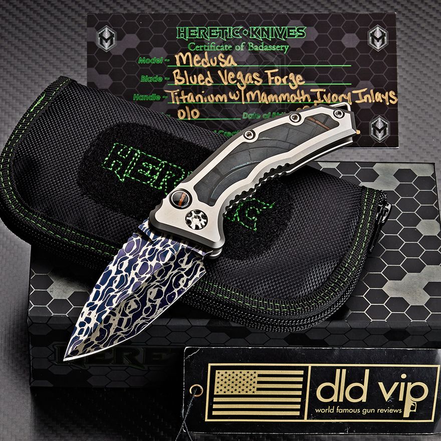Heretic Medusa (SN 010) Blue Vegas Forge Damascus Titanium w/ Mammoth Ivory Inlays Mammoth Ivory Inlaid Button DLD VIP EXCLUSIVE 1 of 24