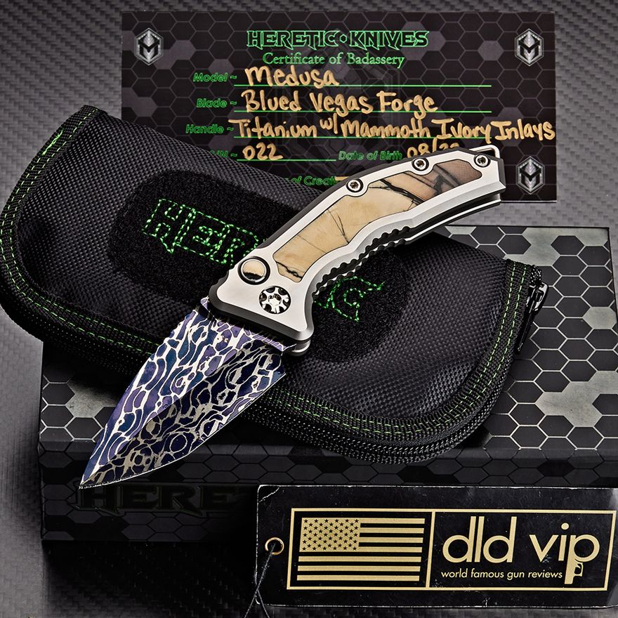 Heretic Medusa (SN 022) Blue Vegas Forge Damascus Titanium w/ Mammoth Ivory Inlays Mammoth Ivory Inlaid Button DLD VIP EXCLUSIVE 1 of 24