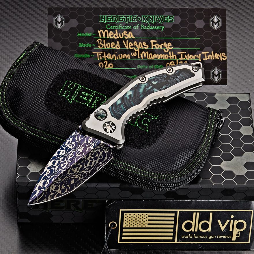 Heretic Medusa (SN 020) Blue Vegas Forge Damascus Titanium w/ Mammoth Ivory Inlays Mammoth Ivory Inlaid Button DLD VIP EXCLUSIVE 1 of 24