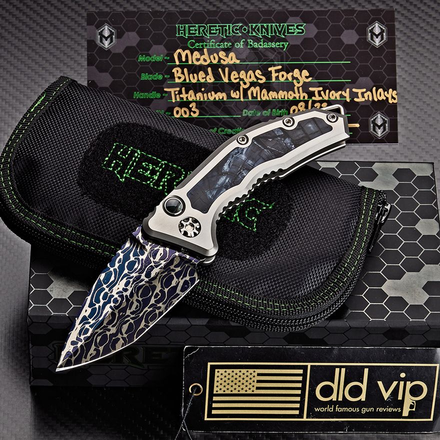 Heretic Medusa (SN 003) Blue Vegas Forge Damascus Titanium w/ Mammoth Ivory Inlays Mammoth Ivory Inlaid Button DLD VIP EXCLUSIVE  1 of 24